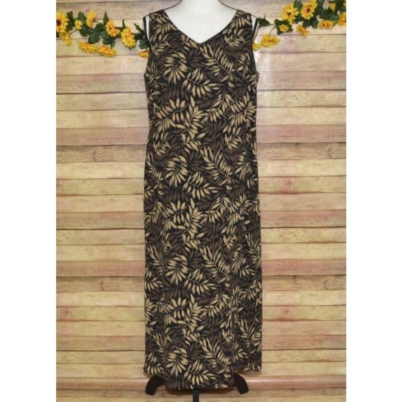 Vintage 90’s Y2K Studio I Black Brown All Over Leaf Print Maxi Dress Women’s 14P - Picture 1 of 10